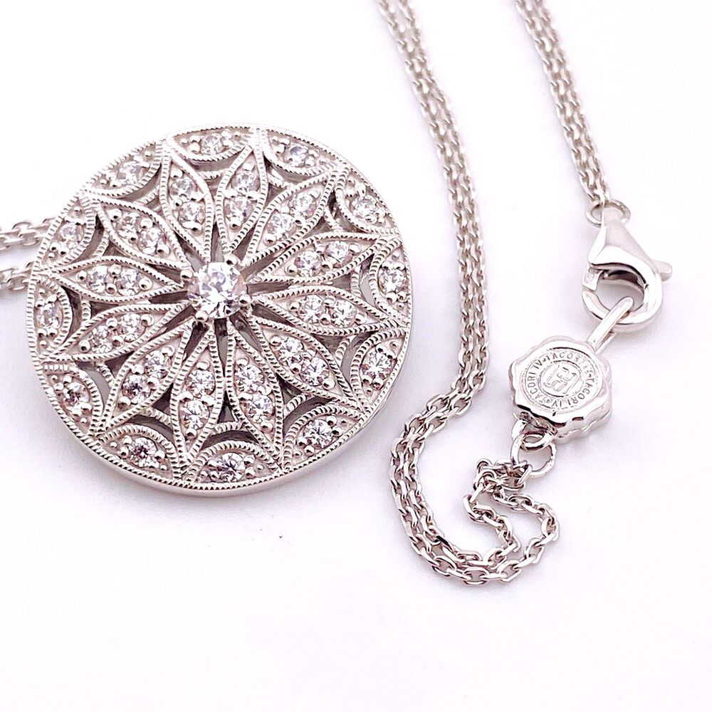 Tacori Pendant Brooch Necklace Open Work Mandala Sterling Silver Cz Double Chain